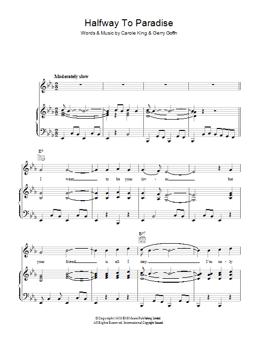 Learn to play Carole King Halfway To Paradise sheet music for Piano, Vocal & Guitar Chords in minutes. Price: 7.8900$ Carole King Halfway To Paradise sheet music notes and chords arranged for Piano, Vocal & Guitar Chords