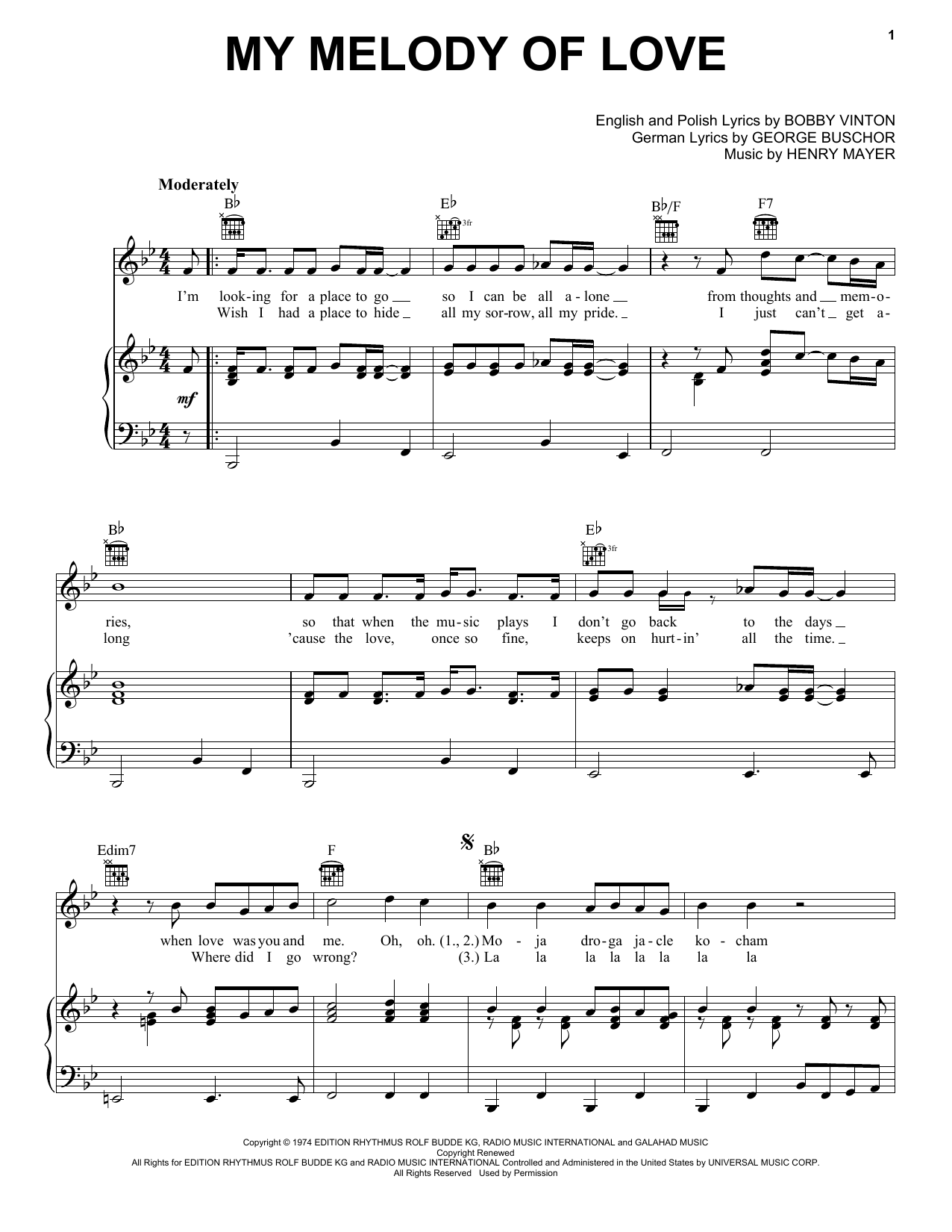 Bobby Vinton My Melody Of Love sheet music notes and chords. Download Printable PDF.