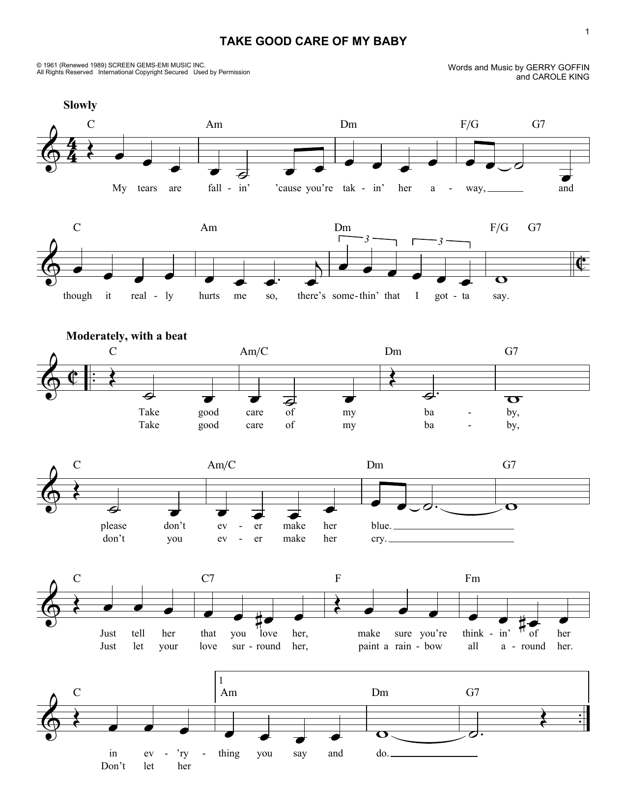 Bobby Vinton Take Good Care Of My Baby sheet music notes and chords arranged for Easy Lead Sheet / Fake Book