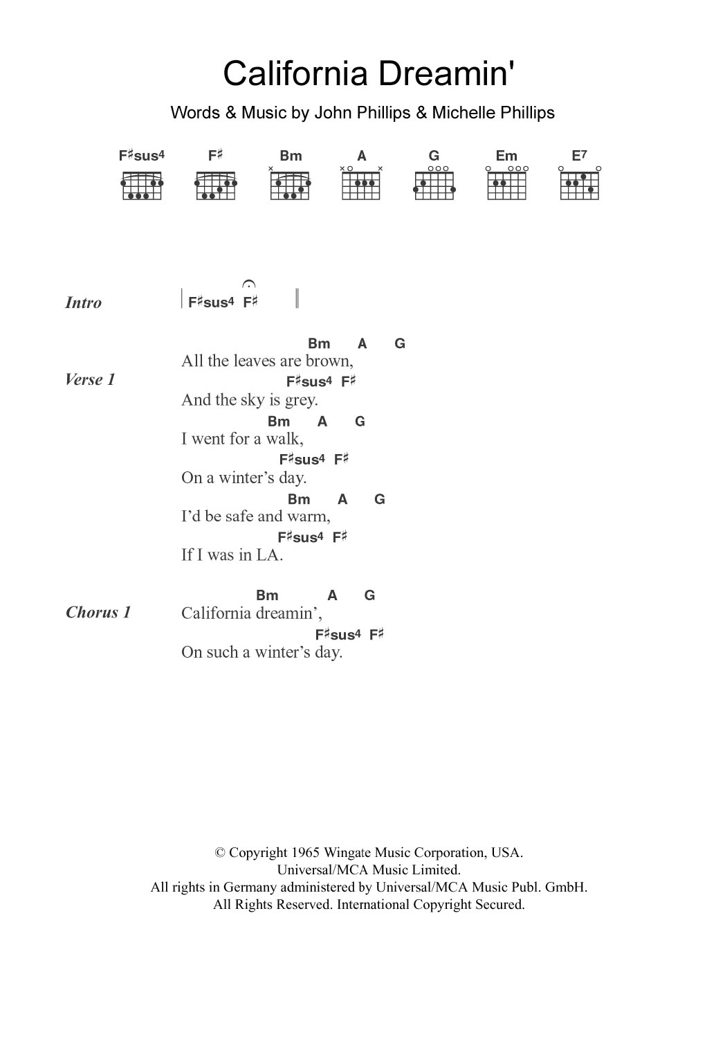 Bobby Womack California Dreamin' sheet music notes and chords arranged for Guitar Chords/Lyrics