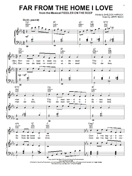 Learn to play Bock & Harnick Far From The Home I Love sheet music for Piano, Vocal & Guitar Chords (Right-Hand Melody) in minutes. Price: 7.8900$ Bock & Harnick Far From The Home I Love sheet music notes and chords arranged for Piano, Vocal & Guitar Chords (Right-Hand Melody)