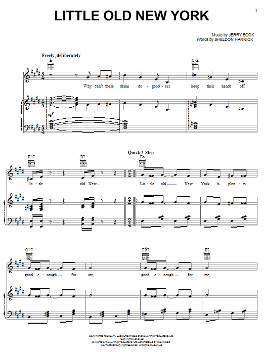 Learn to play Bock & Harnick Little Old New York sheet music for Piano, Vocal & Guitar Chords (Right-Hand Melody) in minutes. Price: 7.8900$ Bock & Harnick Little Old New York sheet music notes and chords arranged for Piano, Vocal & Guitar Chords (Right-Hand Melody)