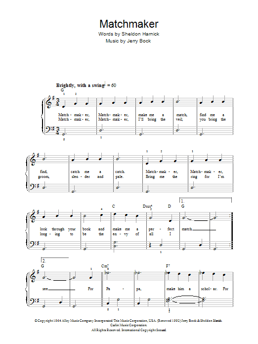 Bock & Harnick Matchmaker (from Fiddler On The Roof) sheet music notes and chords arranged for Real Book – Melody & Chords