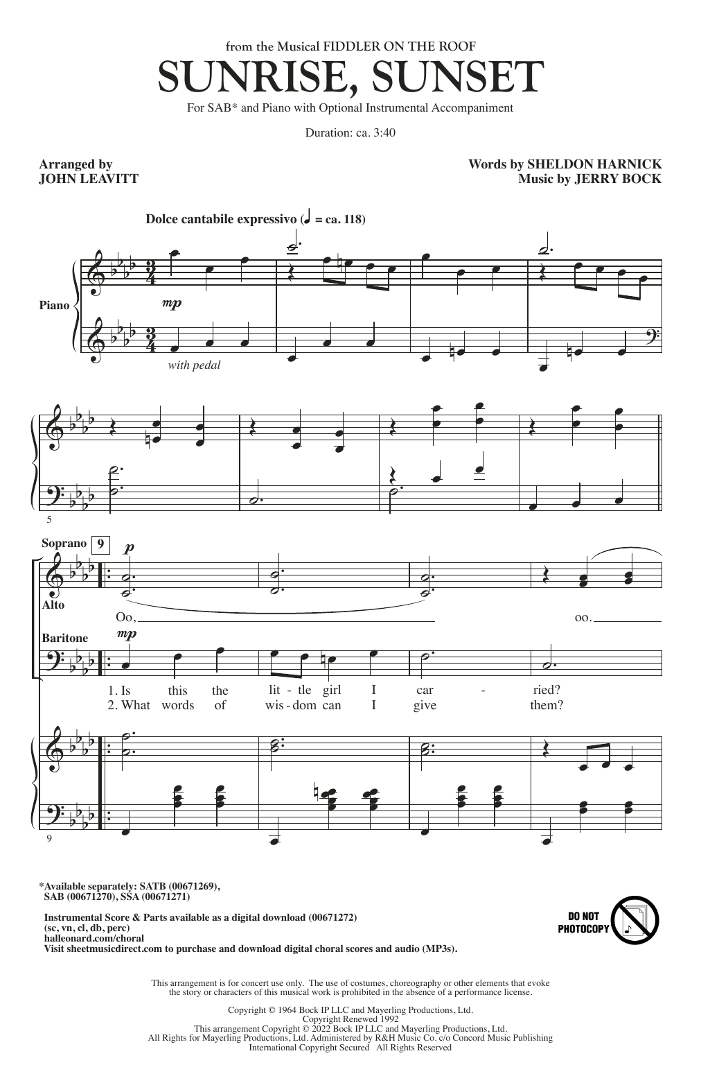 Bock & Harnick Sunrise, Sunset (from Fiddler On The Roof) (arr. John Leavitt) sheet music notes and chords. Download Printable PDF.