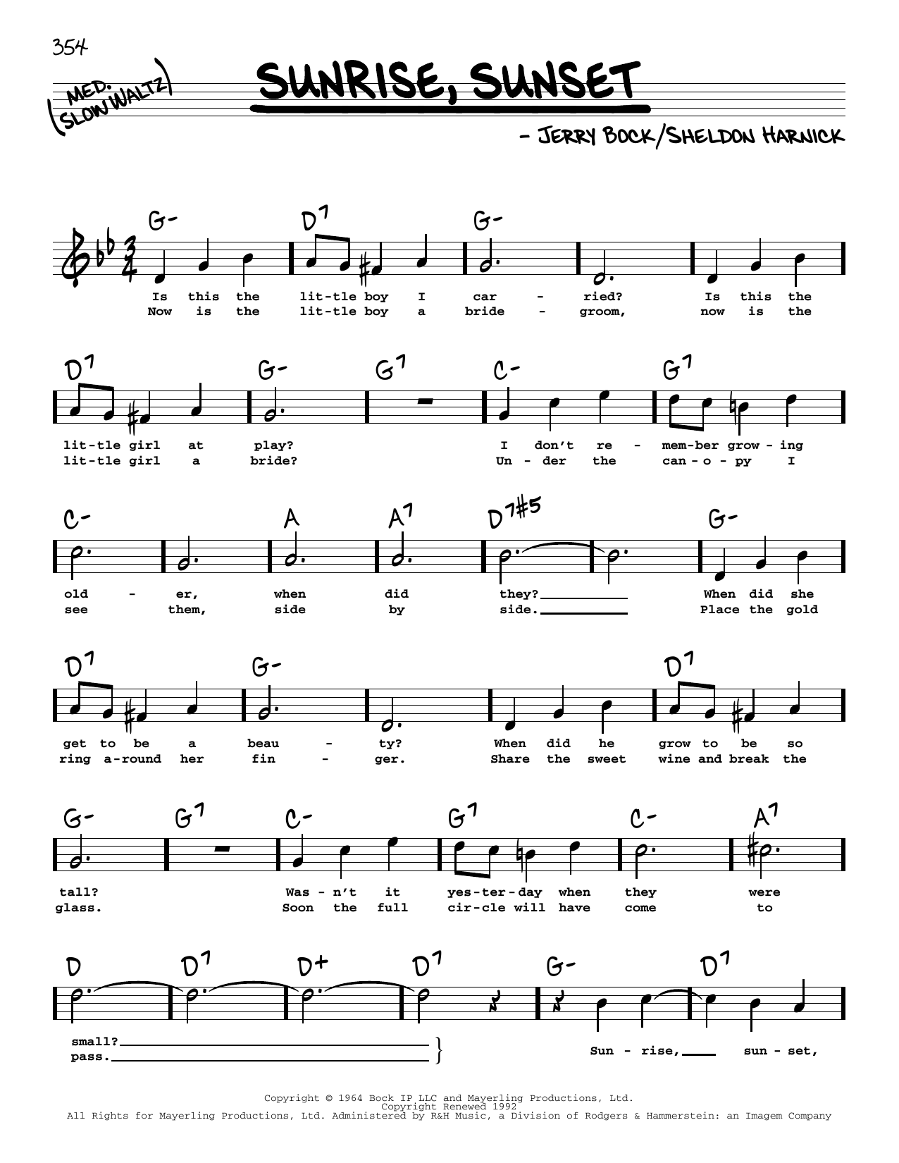 Bock & Harnick Sunrise, Sunset (from Fiddler On The Roof) (High Voice) sheet music notes and chords. Download Printable PDF.