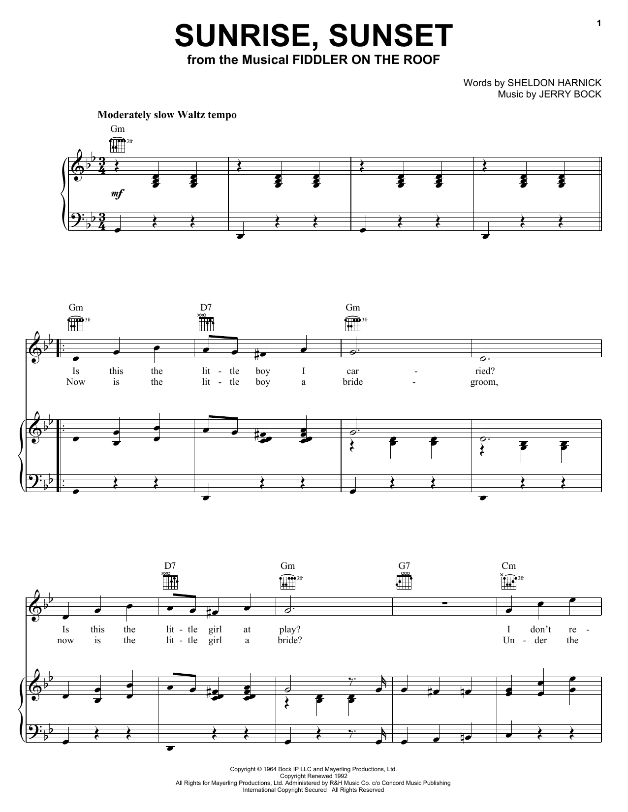 Bock & Harnick Sunrise, Sunset sheet music notes and chords. Download Printable PDF.