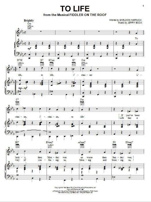 Bock & Harnick To Life sheet music notes and chords arranged for Piano, Vocal & Guitar Chords (Right-Hand Melody)