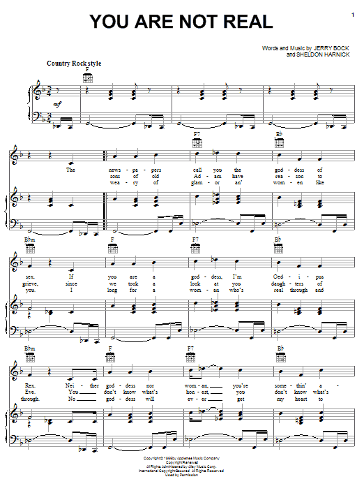 Learn to play Bock & Harnick You Are Not Real sheet music for Piano, Vocal & Guitar Chords (Right-Hand Melody) in minutes. Price: 7.8900$ Bock & Harnick You Are Not Real sheet music notes and chords arranged for Piano, Vocal & Guitar Chords (Right-Hand Melody)