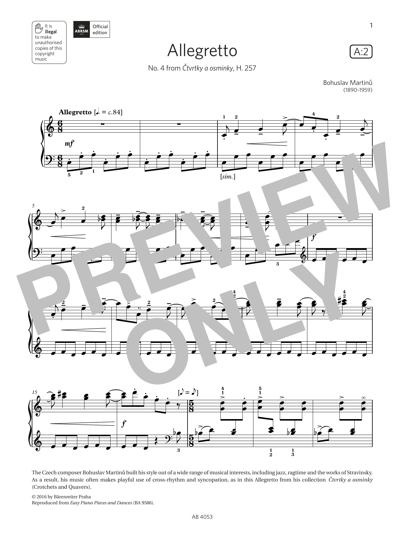 Bohuslav Martinu Allegretto (Grade 7, list A2, from the ABRSM Piano Syllabus 2023 & 2024) sheet music notes and chords arranged for Piano Solo