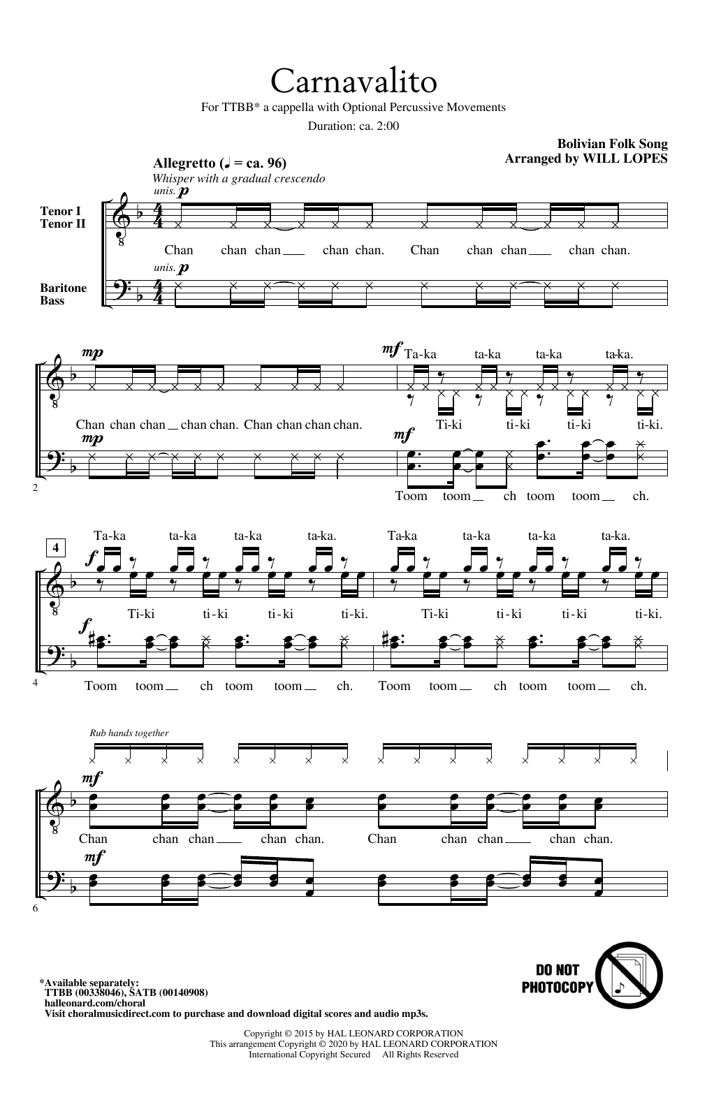 Bolivian Folk Song Carnavalito (arr. Will Lopes) sheet music notes and chords. Download Printable PDF.