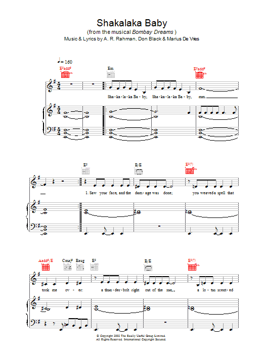 A. R. Rahman Shakalaka Baby (from Bombay Dreams) sheet music notes and chords arranged for Piano, Vocal & Guitar Chords