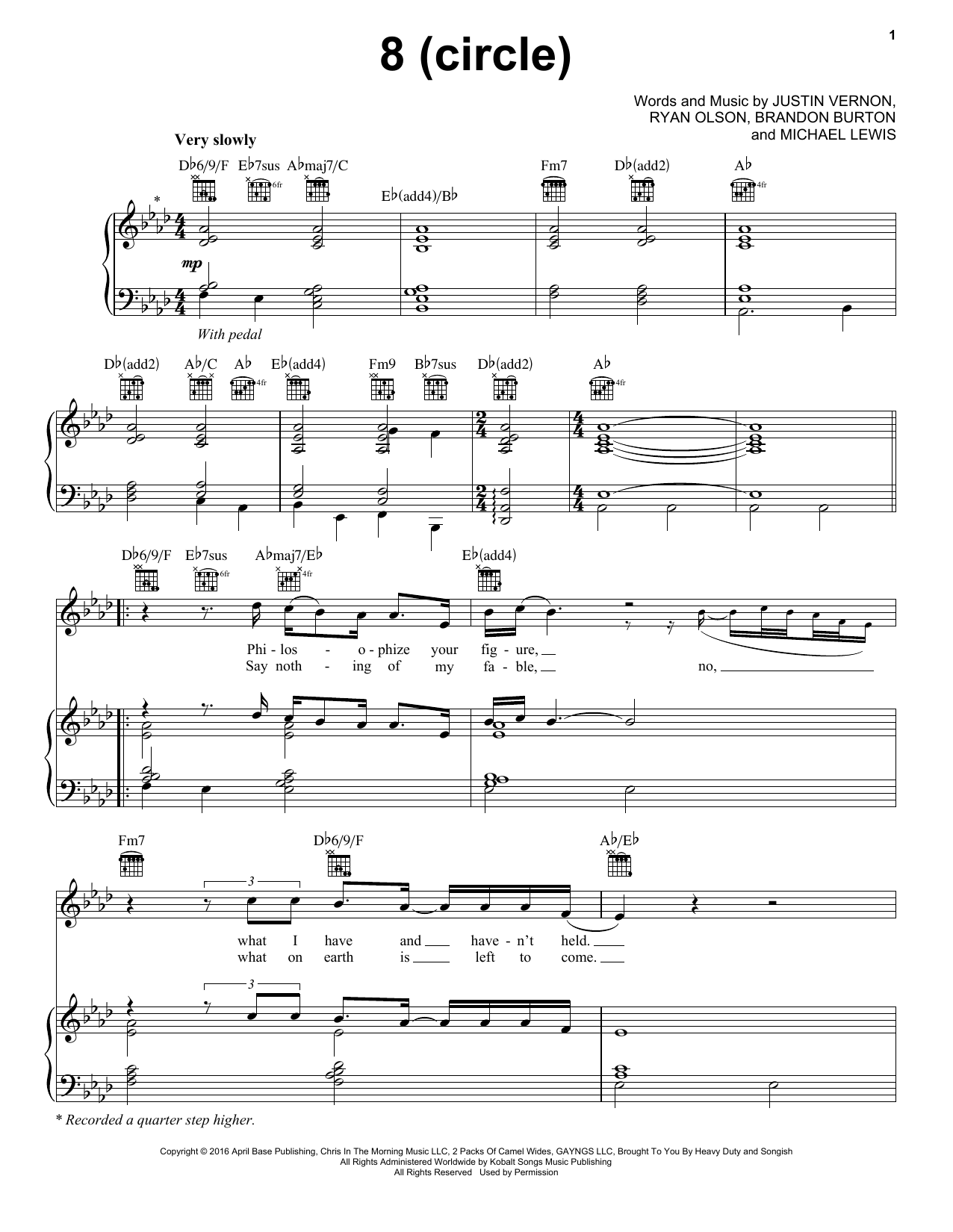 Bon Iver 8 (circle) sheet music notes and chords arranged for Piano, Vocal & Guitar Chords (Right-Hand Melody)
