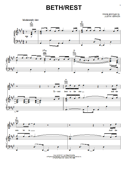 Learn to play Bon Iver Beth / Rest sheet music for Piano, Vocal & Guitar Chords (Right-Hand Melody) in minutes. Price: 7.8900$ Bon Iver Beth / Rest sheet music notes and chords arranged for Piano, Vocal & Guitar Chords (Right-Hand Melody)