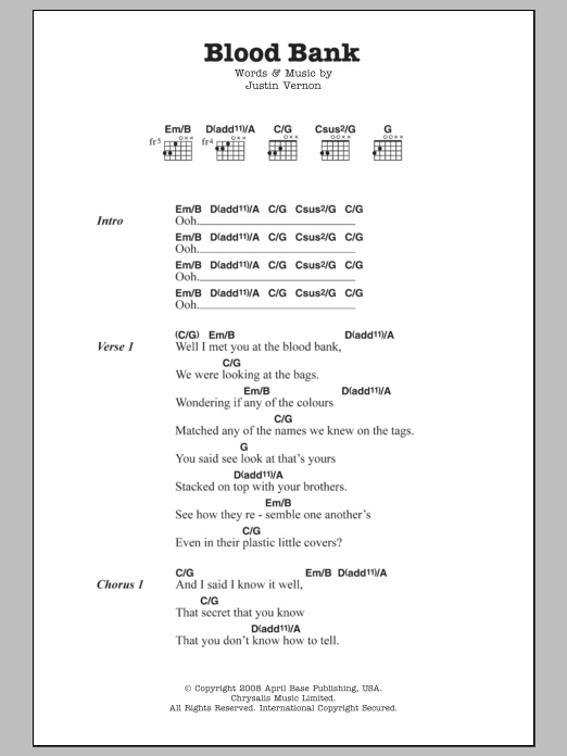 Bon Iver Blood Bank sheet music notes and chords. Download Printable PDF.