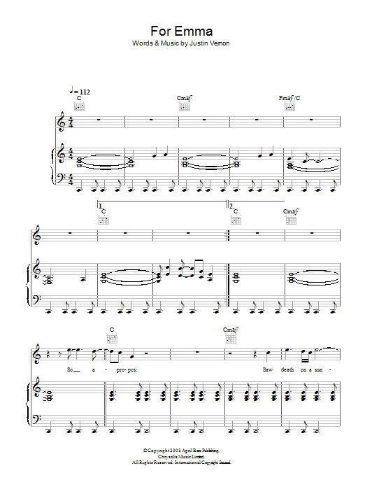 Bon Iver For Emma sheet music notes and chords. Download Printable PDF.