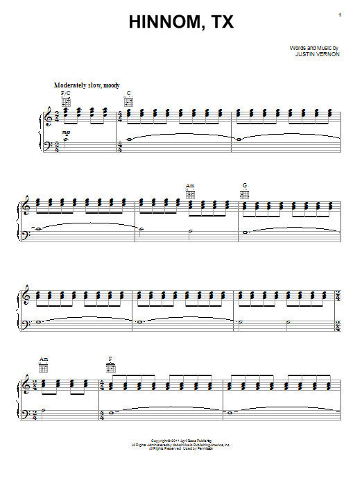 Bon Iver Hinnom, TX sheet music notes and chords. Download Printable PDF.