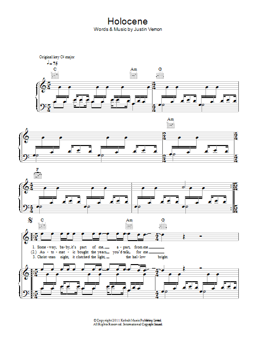 Bon Iver Holocene sheet music notes and chords. Download Printable PDF.