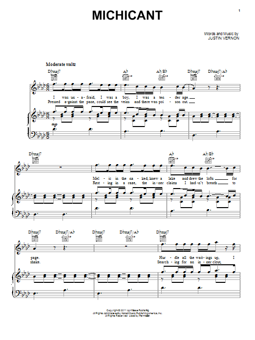 Learn to play Bon Iver Michicant sheet music for Piano, Vocal & Guitar Chords (Right-Hand Melody) in minutes. Price: 7.8900$ Bon Iver Michicant sheet music notes and chords arranged for Piano, Vocal & Guitar Chords (Right-Hand Melody)