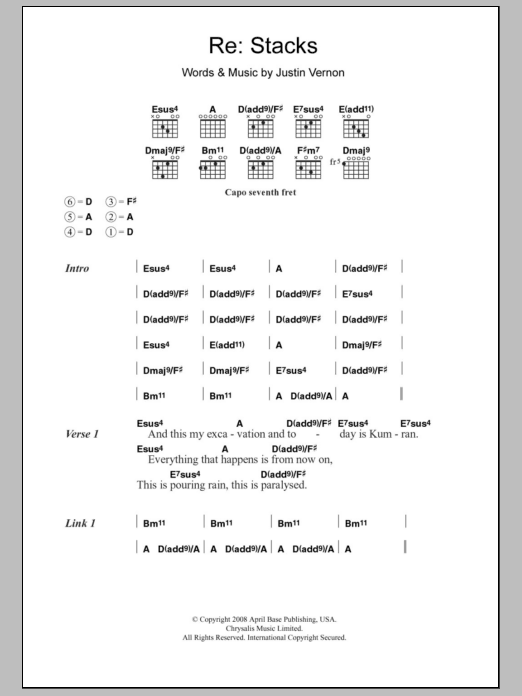 Bon Iver Re: Stacks sheet music notes and chords arranged for Guitar Chords/Lyrics