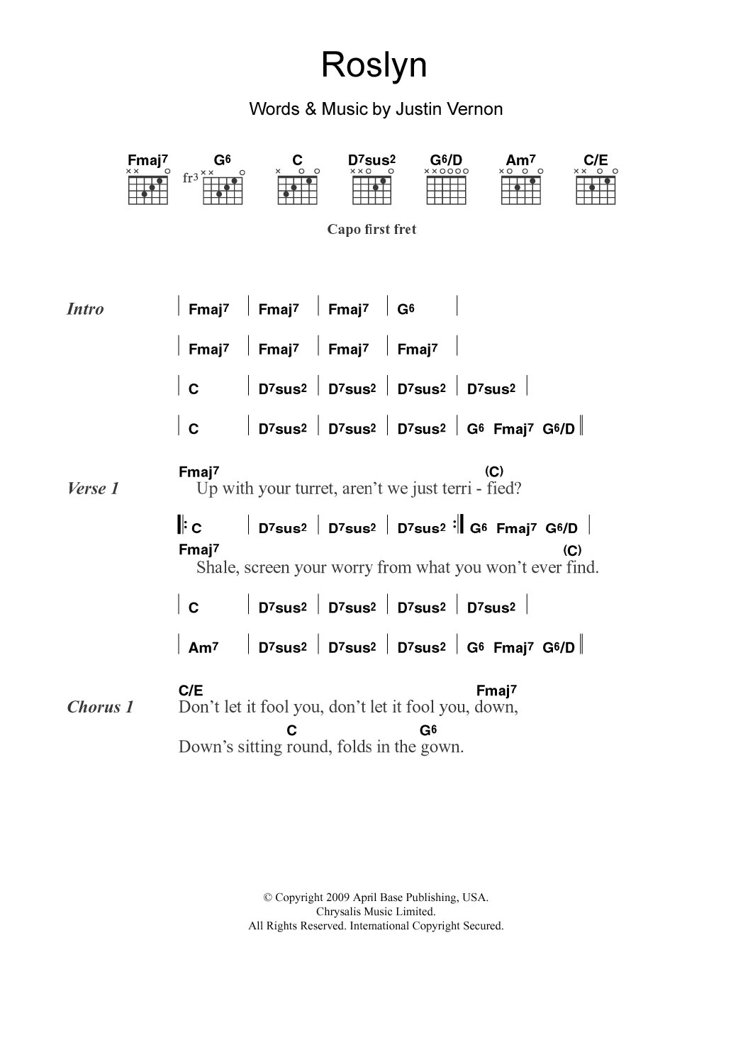 Bon Iver Roslyn sheet music notes and chords arranged for Guitar Chords/Lyrics