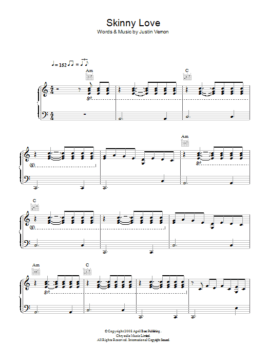 Bon Iver Skinny Love sheet music notes and chords. Download Printable PDF.