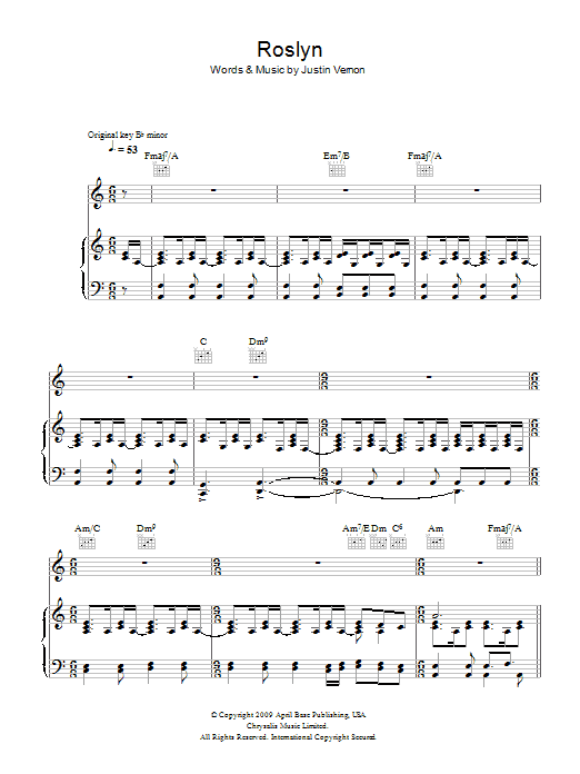 Bon Iver & St. Vincent Roslyn sheet music notes and chords arranged for Piano, Vocal & Guitar Chords