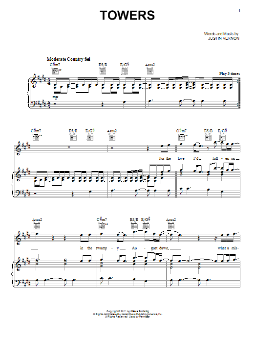 Bon Iver Towers sheet music notes and chords. Download Printable PDF.