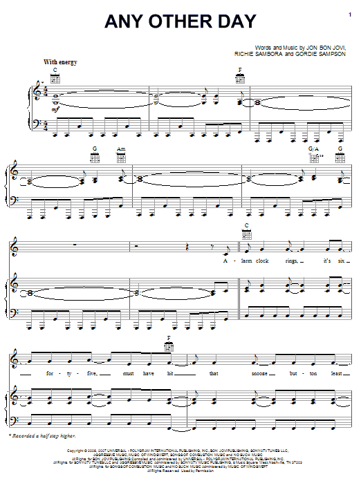 Bon Jovi Any Other Day sheet music notes and chords arranged for Piano, Vocal & Guitar Chords (Right-Hand Melody)