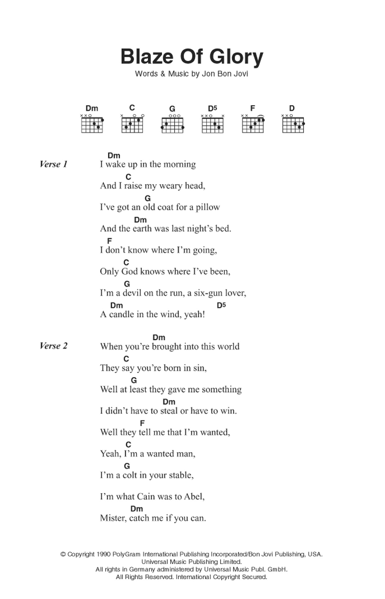 Bon Jovi Blaze Of Glory sheet music notes and chords. Download Printable PDF.