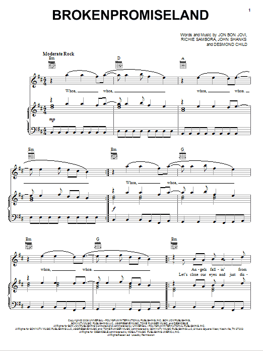 Bon Jovi Brokenpromiseland sheet music notes and chords arranged for Piano, Vocal & Guitar Chords (Right-Hand Melody)