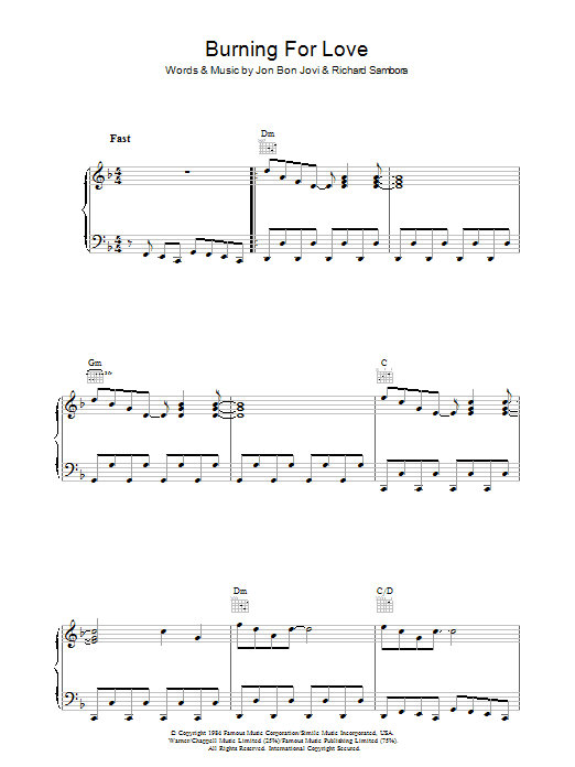 Bon Jovi Burning For Love sheet music notes and chords arranged for Piano, Vocal & Guitar Chords