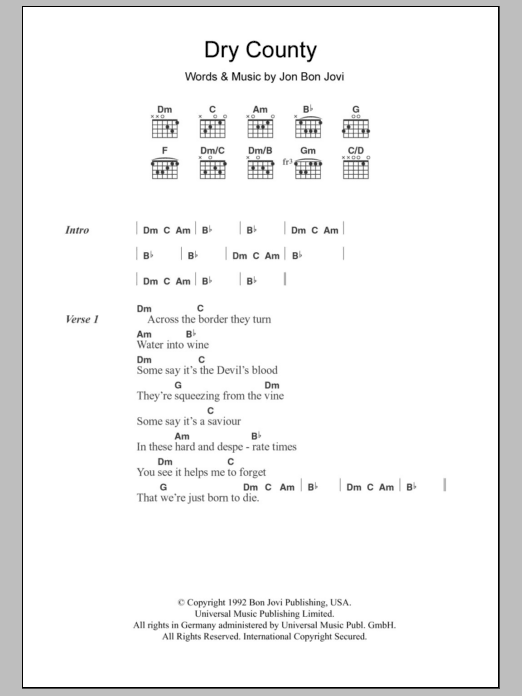 Bon Jovi Dry County sheet music notes and chords. Download Printable PDF.