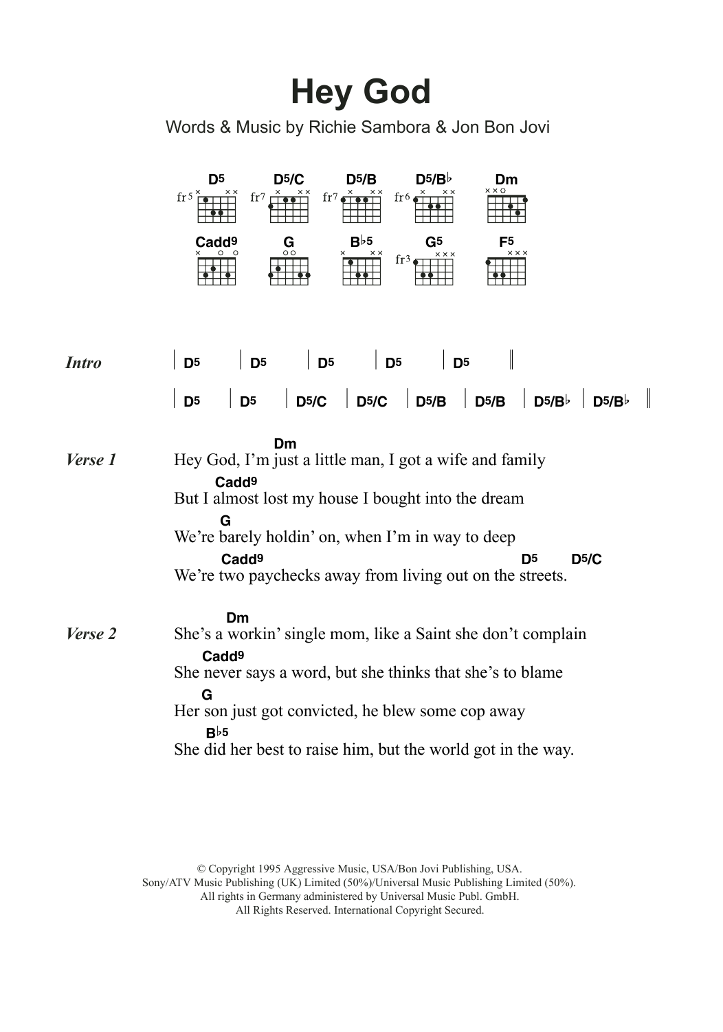 Bon Jovi Hey God sheet music notes and chords arranged for Piano, Vocal & Guitar Chords