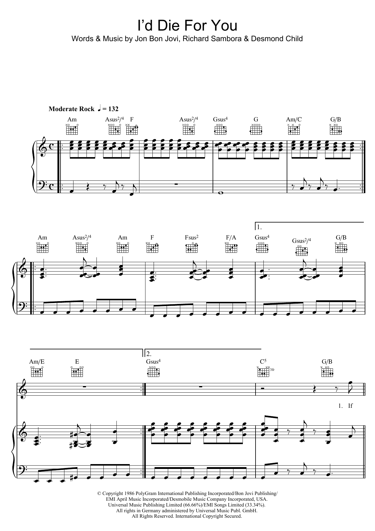Learn to play Bon Jovi I'd Die For You sheet music for Piano, Vocal & Guitar Chords in minutes. Price: 7.8900$ Bon Jovi I'd Die For You sheet music notes and chords arranged for Piano, Vocal & Guitar Chords