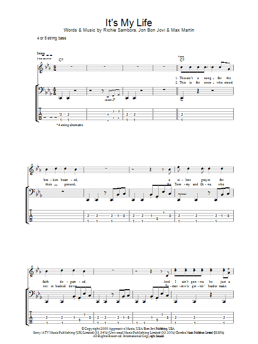 Bon Jovi It's My Life sheet music notes and chords. Download Printable PDF.