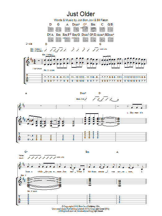 Learn to play Bon Jovi Just Older sheet music for Guitar Tab in minutes. Price: 7.8900$ Bon Jovi Just Older sheet music notes and chords arranged for Guitar Tab