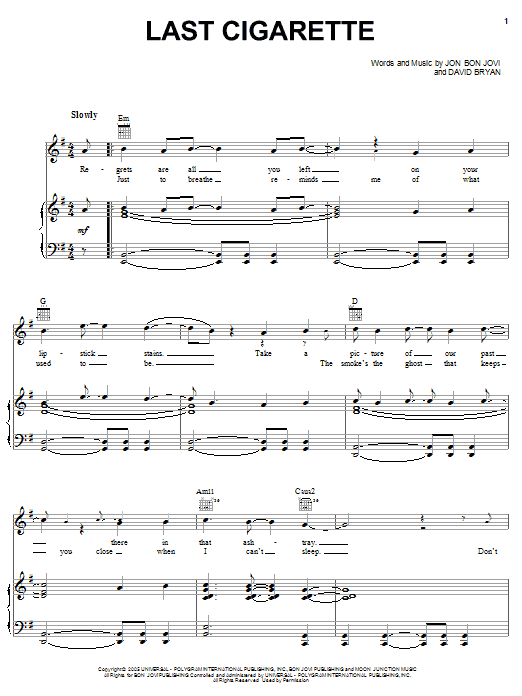 Bon Jovi Last Cigarette sheet music notes and chords arranged for Guitar Tab