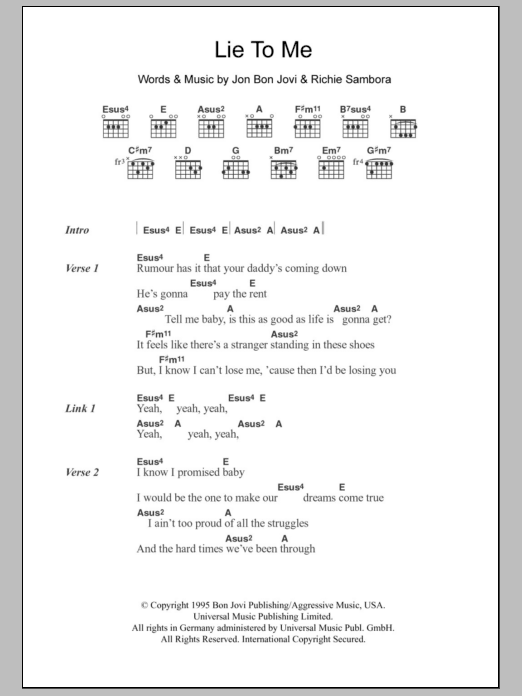 Bon Jovi Lie To Me sheet music notes and chords arranged for Guitar Chords/Lyrics