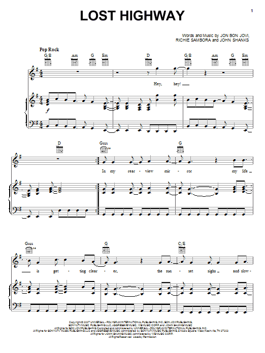 Bon Jovi Lost Highway sheet music notes and chords arranged for Piano, Vocal & Guitar Chords (Right-Hand Melody)