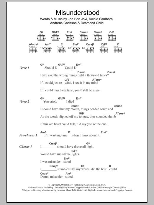 Bon Jovi Misunderstood sheet music notes and chords. Download Printable PDF.