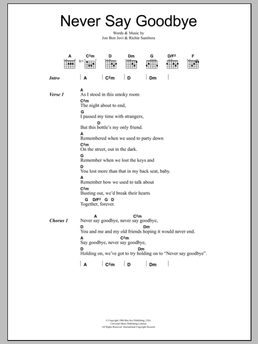 Bon Jovi Never Say Goodbye sheet music notes and chords. Download Printable PDF.