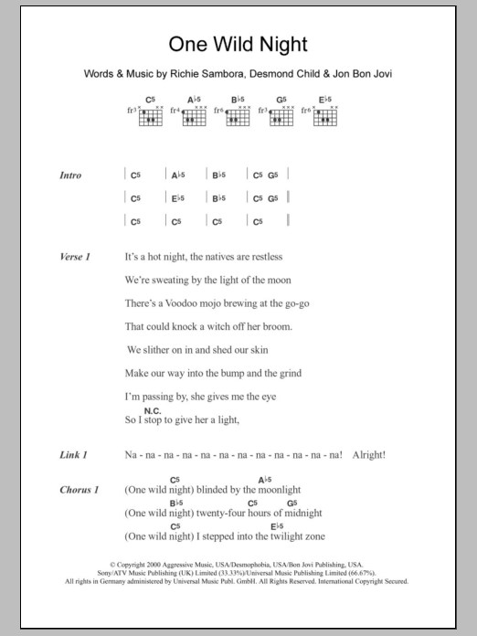 Bon Jovi One Wild Night sheet music notes and chords. Download Printable PDF.