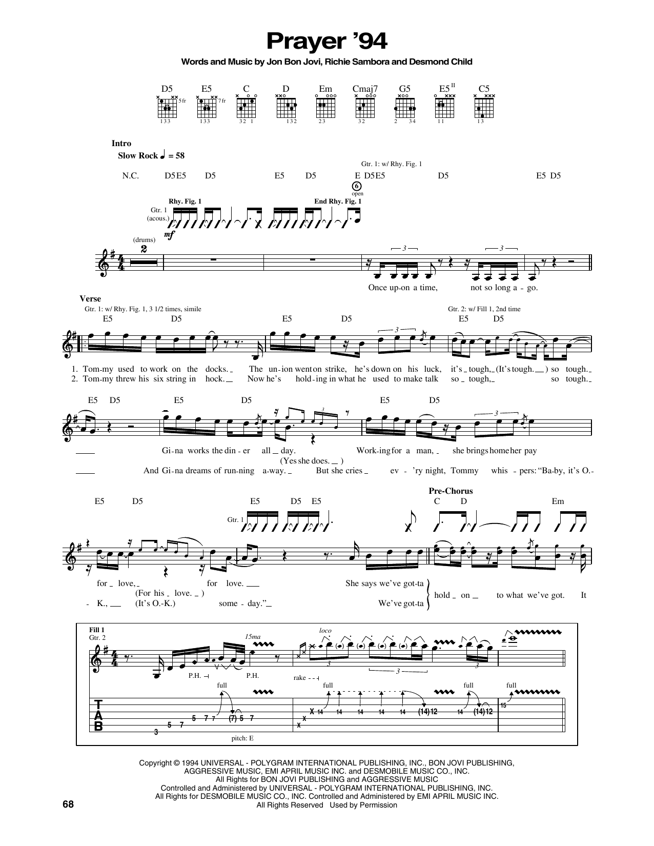 Bon Jovi Prayer '94 sheet music notes and chords. Download Printable PDF.