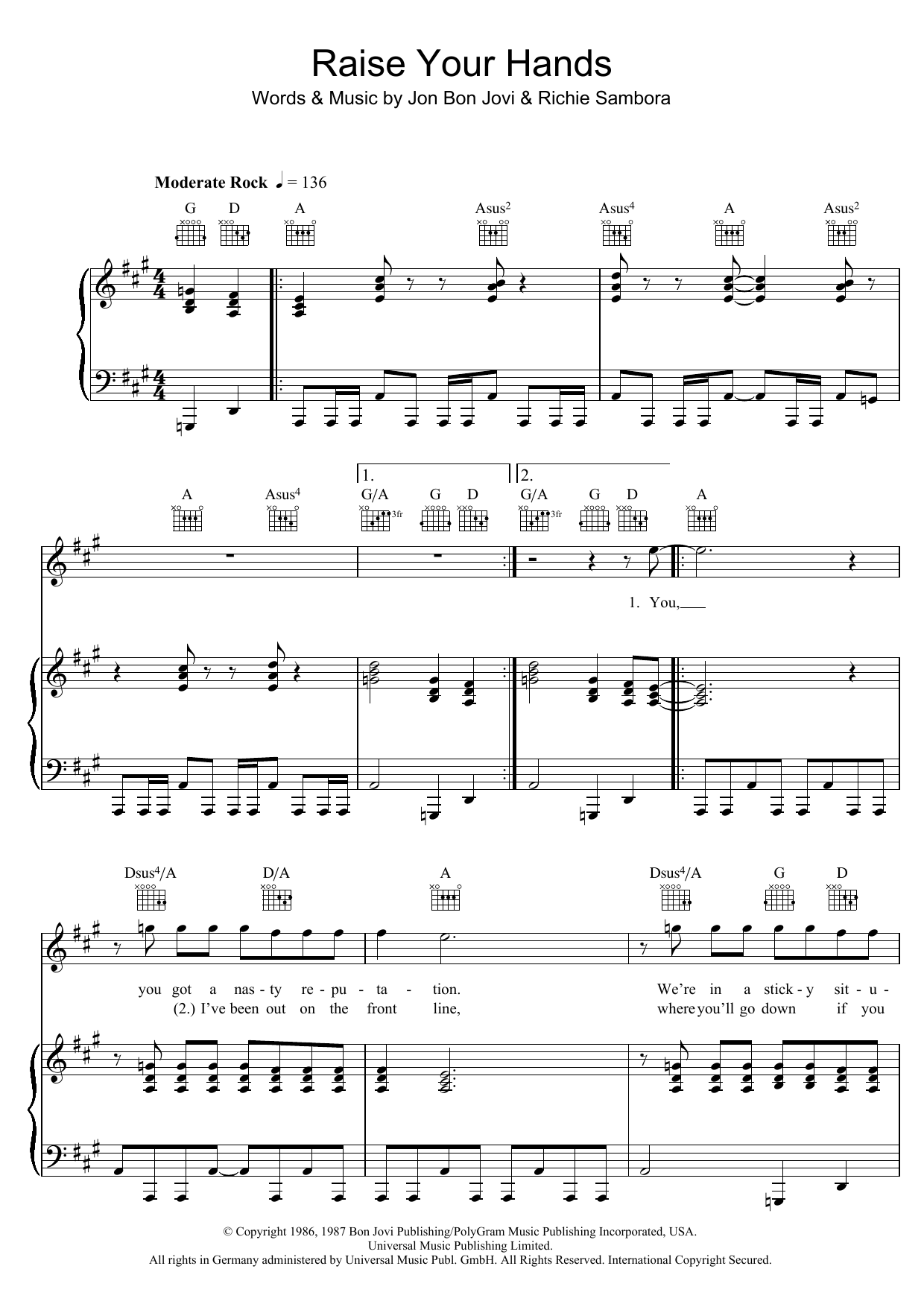 Bon Jovi Raise Your Hands sheet music notes and chords. Download Printable PDF.