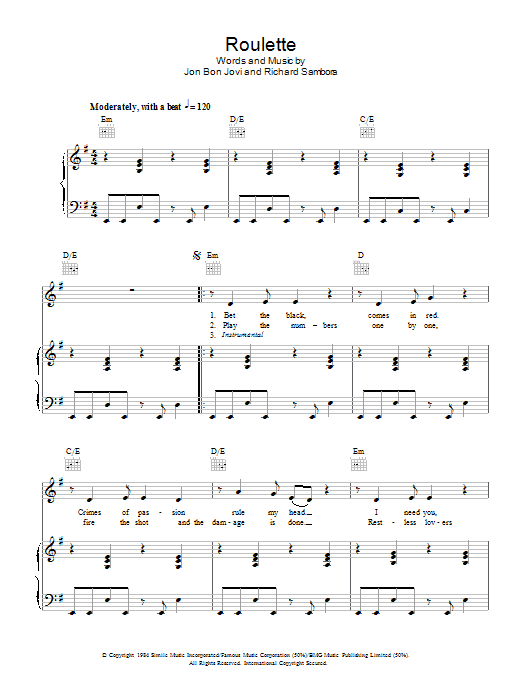 Bon Jovi Roulette sheet music notes and chords arranged for Piano, Vocal & Guitar Chords