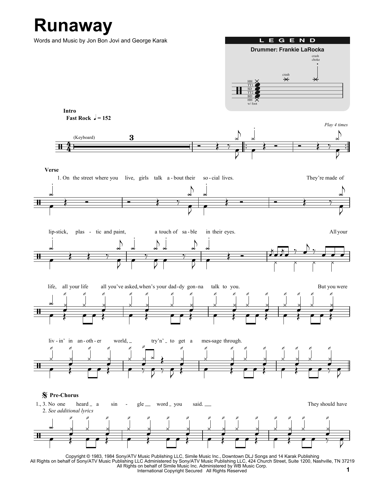 Bon Jovi Runaway sheet music notes and chords. Download Printable PDF.