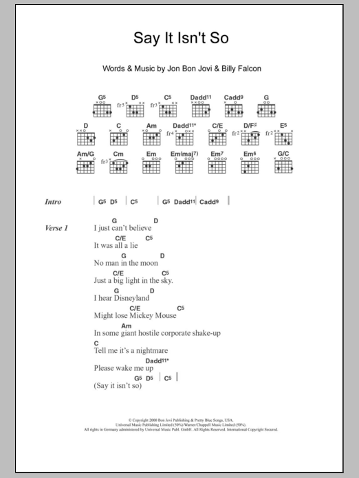 Bon Jovi Say It Isn't So sheet music notes and chords. Download Printable PDF.