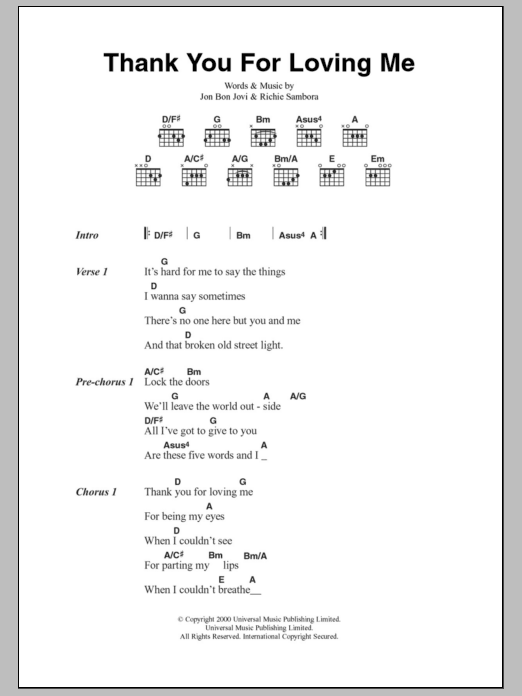 Bon Jovi Thank You For Loving Me sheet music notes and chords. Download Printable PDF.