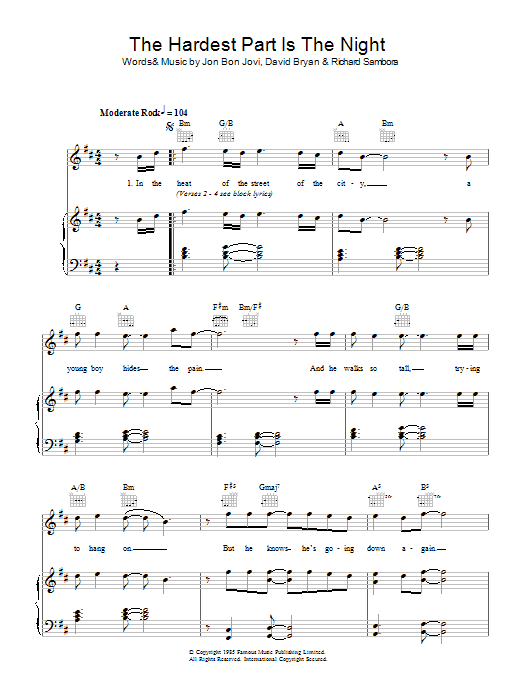 Bon Jovi The Hardest Part Is The Night sheet music notes and chords arranged for Piano, Vocal & Guitar Chords
