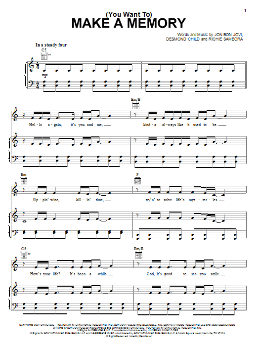 Bon Jovi (You Want To) Make A Memory sheet music notes and chords arranged for Piano, Vocal & Guitar Chords (Right-Hand Melody)